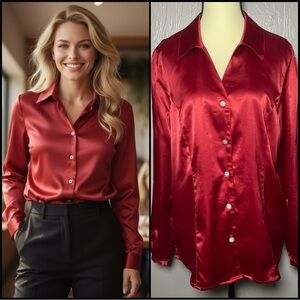 Vintage 90s Susan Graver Style Red Satin Blouse with Rhinestone Buttons
